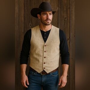 Vintage Aqualung Tan Linen Blend Button Vest Large Boho Rustic Waistcoat‎